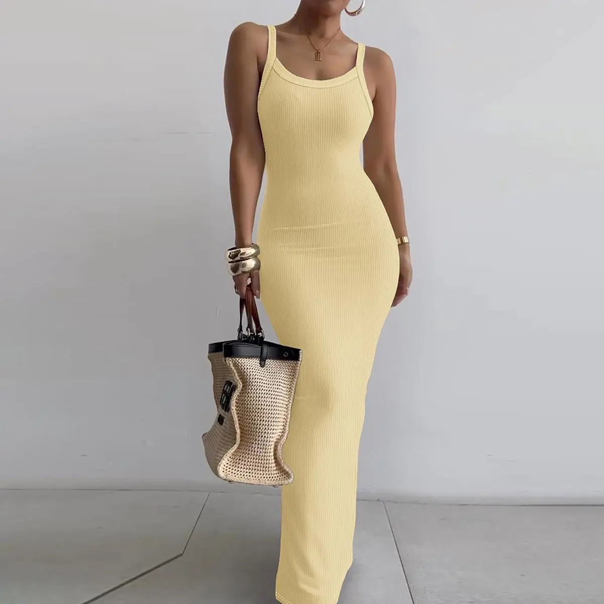Women Spaghetti Strap U-Neck Casual Maxi Dresses Slim Fit Cami Dress/Elegant Solid Color Cami Lounge Dress Party Club Bodycon Dress