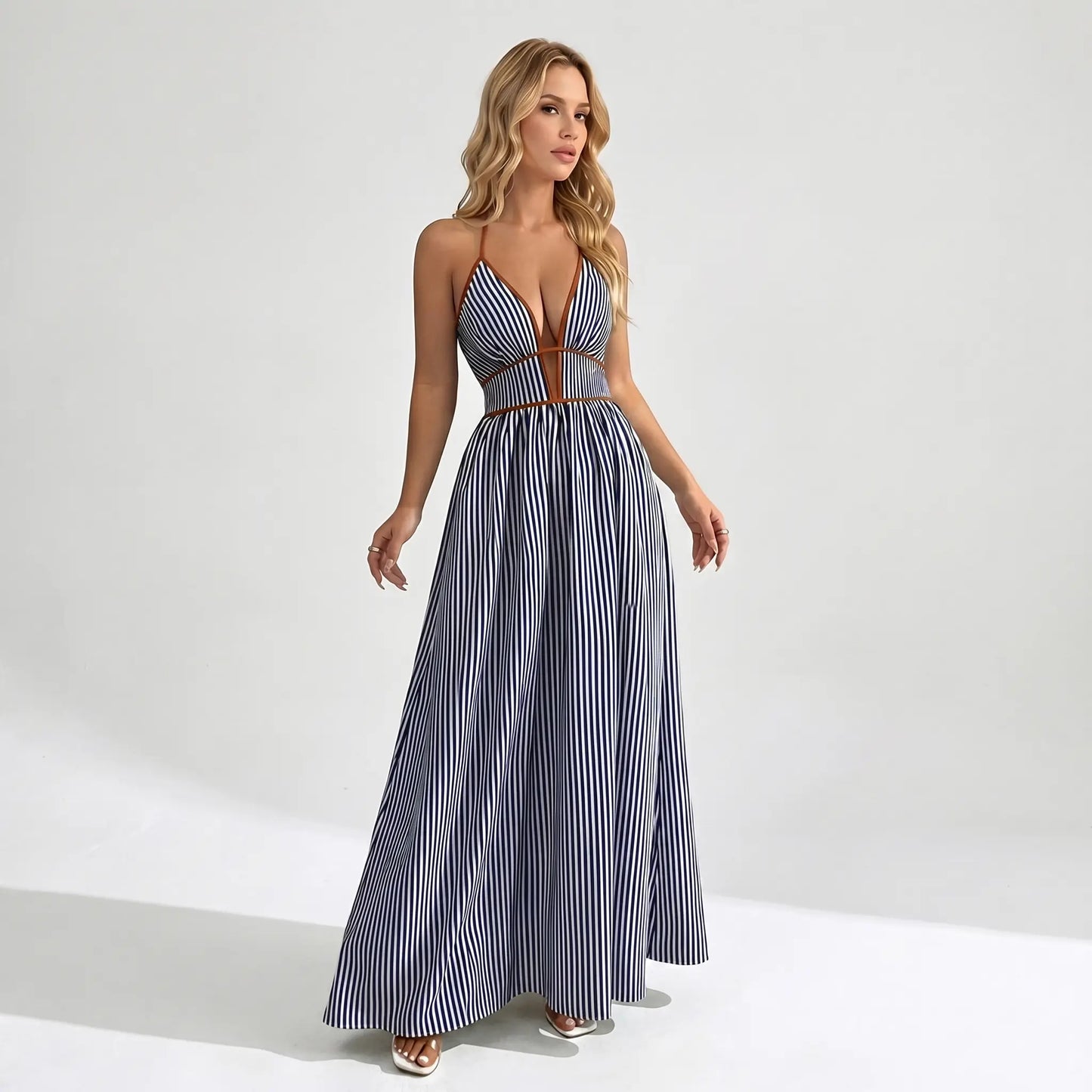 Women's Elegant Pinstripe Deep V Neckline Adjustable Halter Maxi Dress