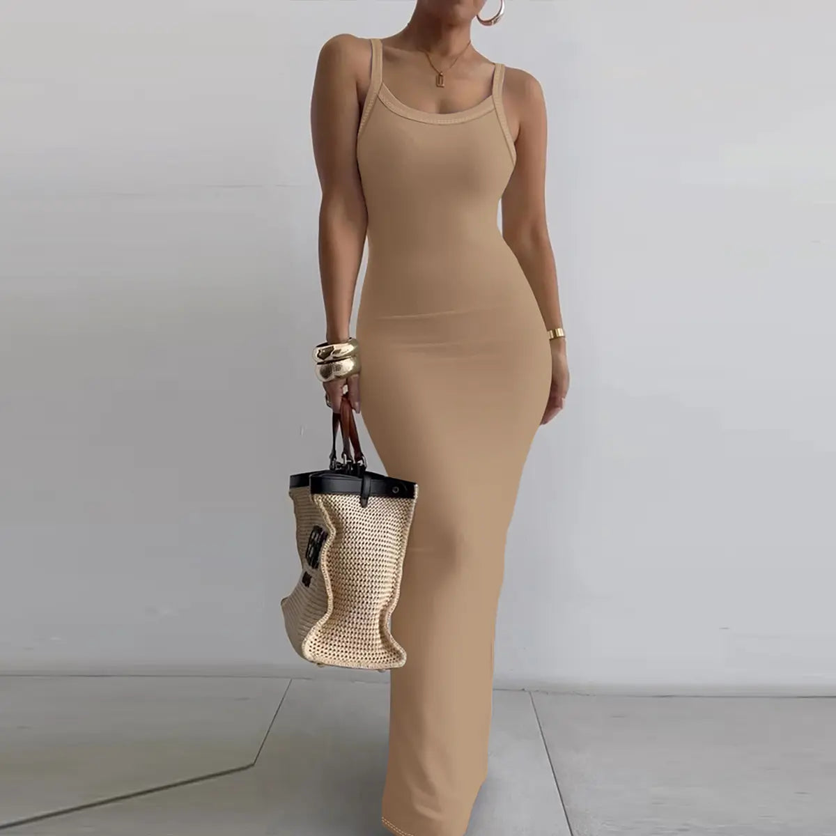 Women Spaghetti Strap U-Neck Casual Maxi Dresses Slim Fit Cami Dress/Elegant Solid Color Cami Lounge Dress Party Club  Bodycon Dress