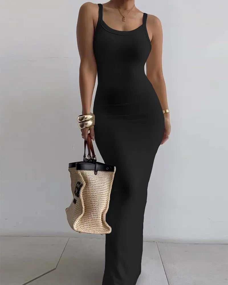 Women Spaghetti Strap U-Neck Casual Maxi Dresses Slim Fit Cami Dress/Elegant Solid Color Cami Lounge Dress Party Club  Bodycon Dress