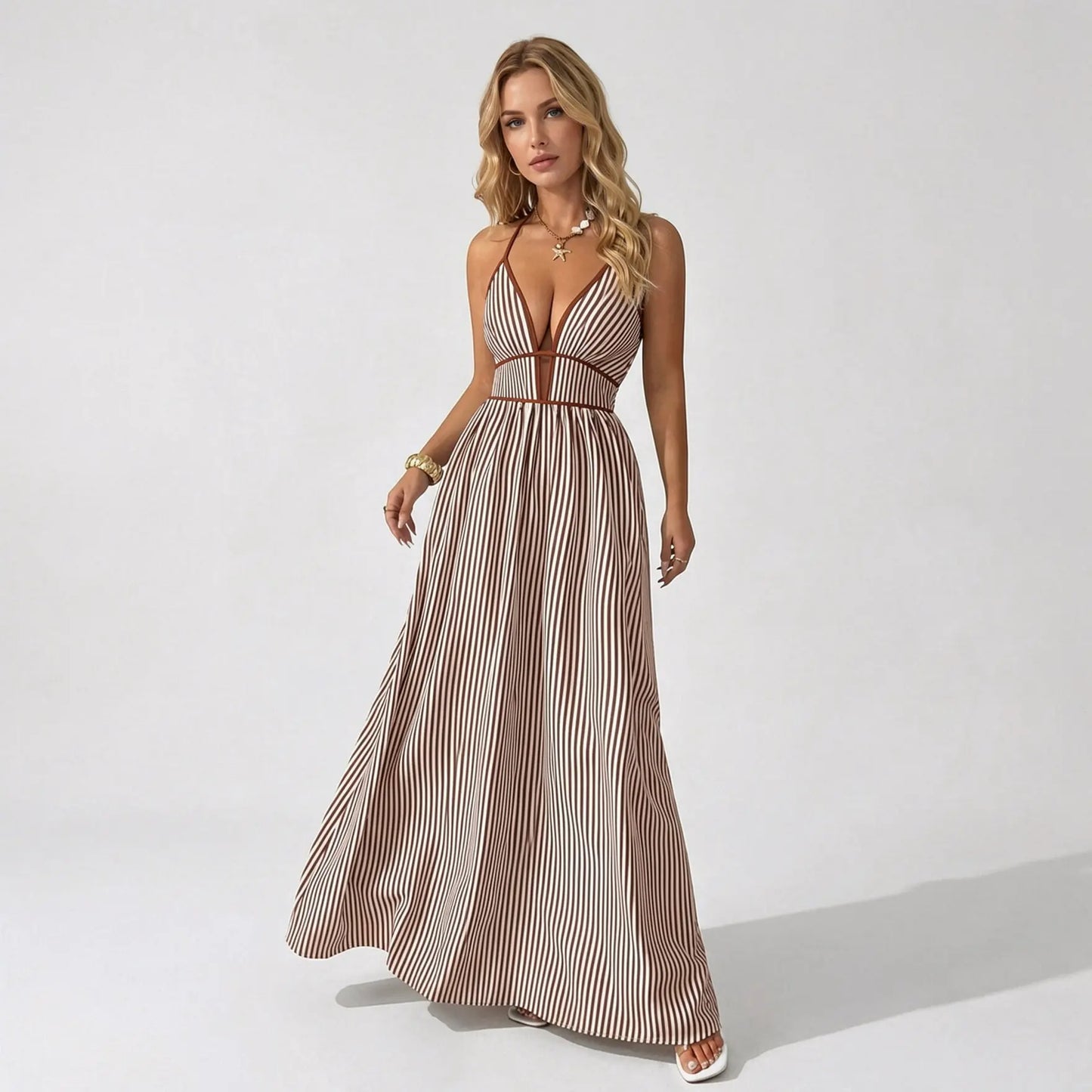 Women's Elegant Pinstripe Deep V Neckline Adjustable Halter Maxi Dress