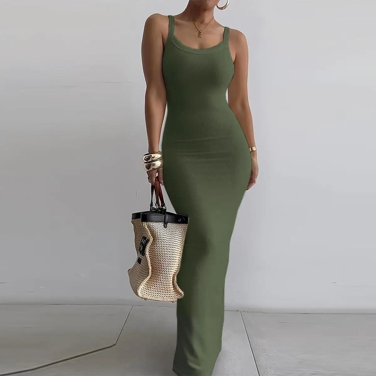 Women Spaghetti Strap U-Neck Casual Maxi Dresses Slim Fit Cami Dress/Elegant Solid Color Cami Lounge Dress Party Club  Bodycon Dress