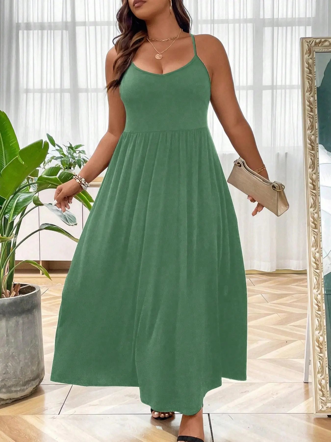 Plus Size Criss Cross Backless Cami Dress, Casual Solid Sleeveless Spaghetti Strap A-Line Dress for Summer, Women's Clothes for Party Holiday Womenswear