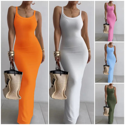 Women Spaghetti Strap U-Neck Casual Maxi Dresses Slim Fit Cami Dress/Elegant Solid Color Cami Lounge Dress Party Club  Bodycon Dress