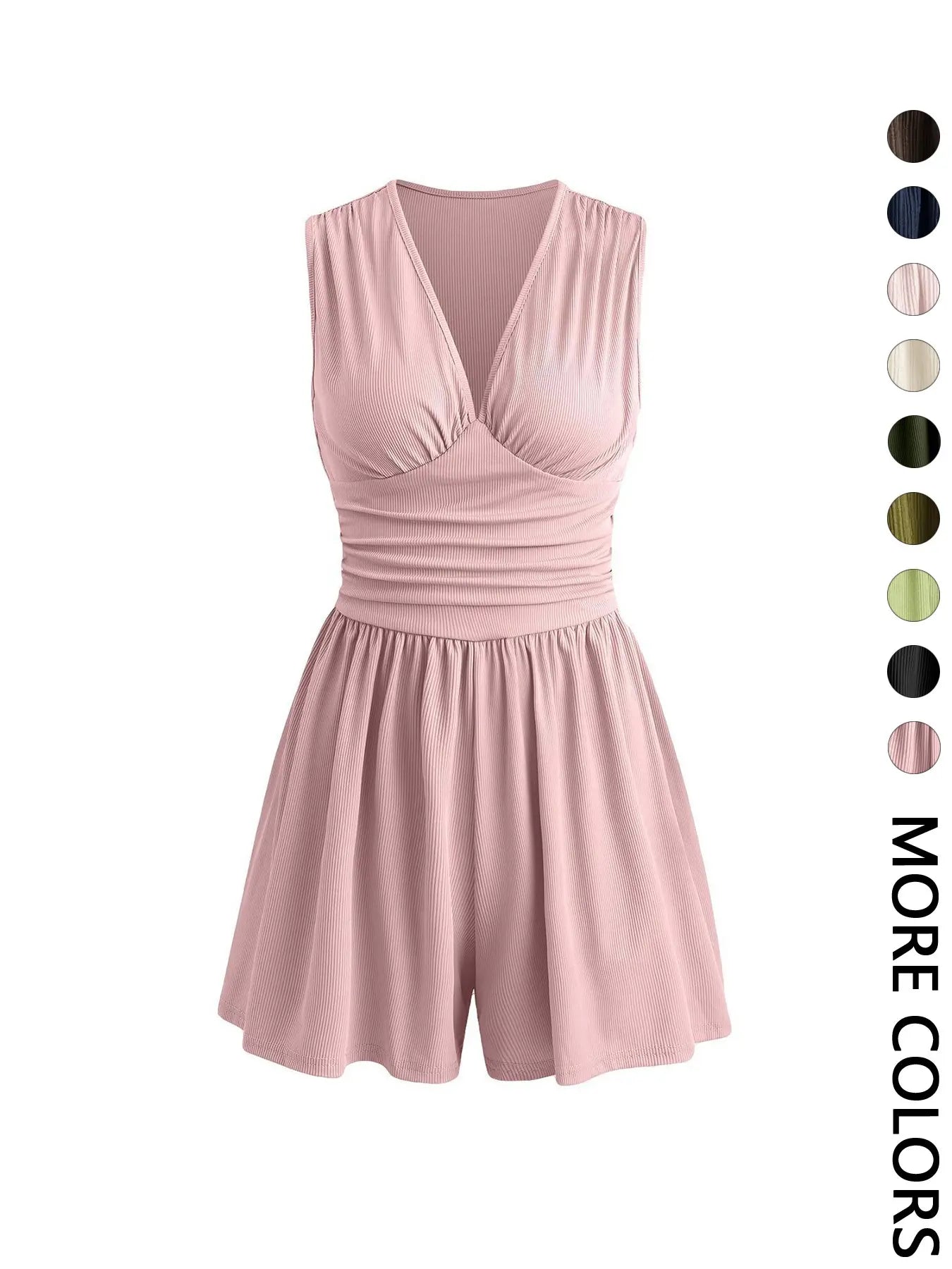 Women's Plain Ruched Deep V Neck Short Fitted Tank Romper