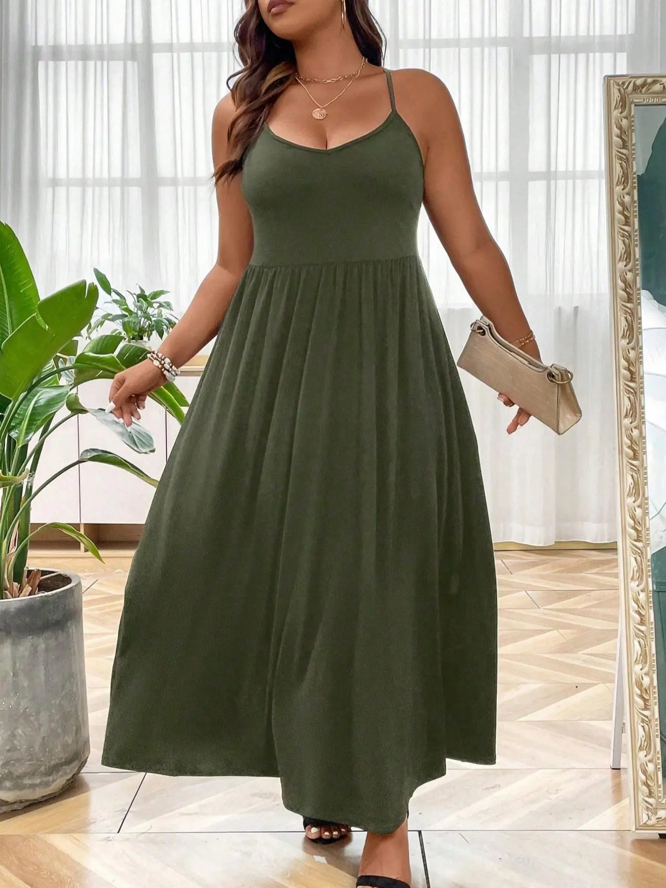 Plus Size Criss Cross Backless Cami Dress, Casual Solid Sleeveless Spaghetti Strap A-Line Dress for Summer, Women's Clothes for Party Holiday Womenswear