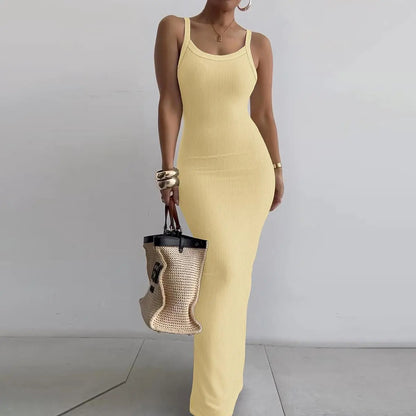 Women Spaghetti Strap U-Neck Casual Maxi Dresses Slim Fit Cami Dress/Elegant Solid Color Cami Lounge Dress Party Club  Bodycon Dress
