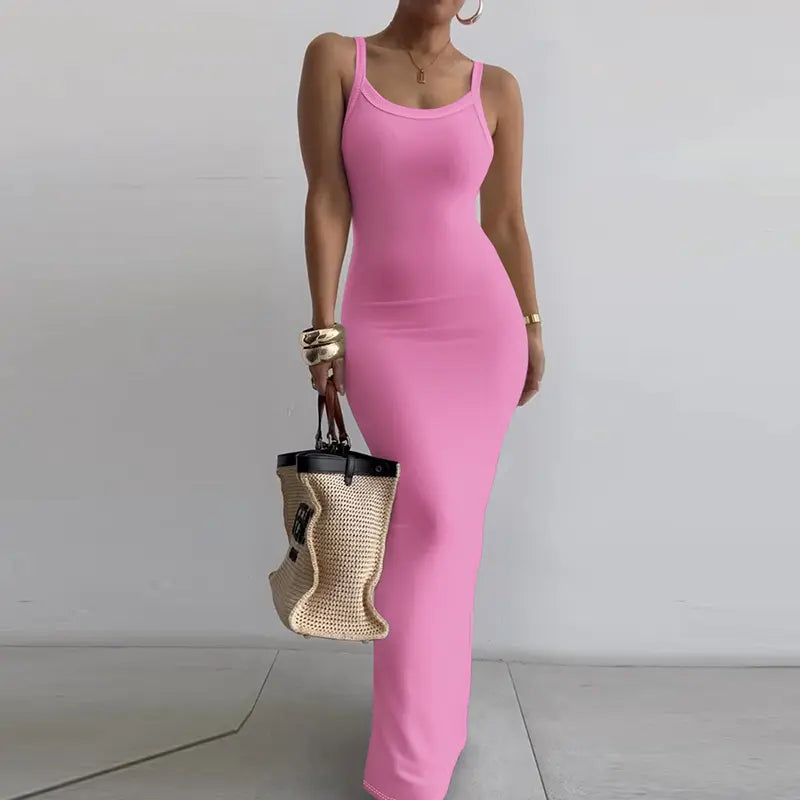 Women Spaghetti Strap U-Neck Casual Maxi Dresses Slim Fit Cami Dress/Elegant Solid Color Cami Lounge Dress Party Club  Bodycon Dress