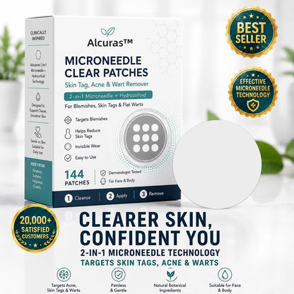 ✨Alcuras® 2-in-1 Microneedle & Hydrocolloid Patch🍀| Removes Raised Moles, Acne, Flat Warts & Skin Tags | Helps Improve Wrinkles, Scars & Blemishes | Invisible Patches for Face & Body